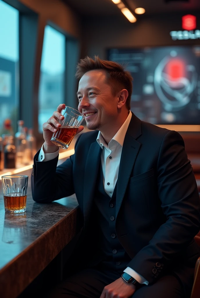 Elon Musk and Tesla drinking at a bar