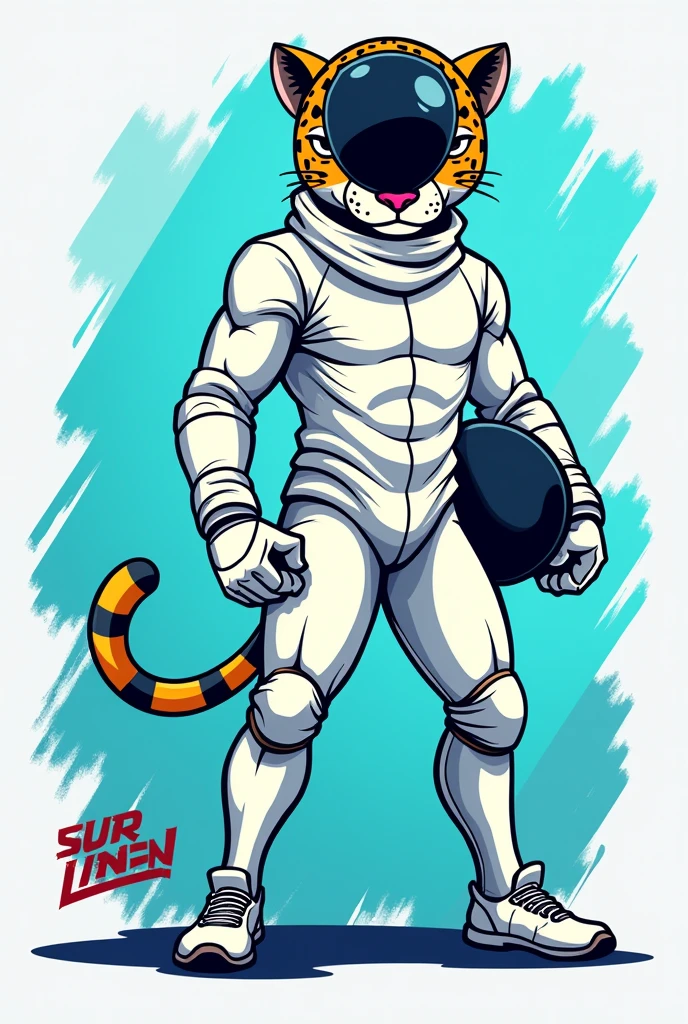 Vector illustration of a jaguar fencer, in cartoon style, and with a text that says "Sur Fronterizo" in Spanish using modern and creative typography, in turquoise blue
