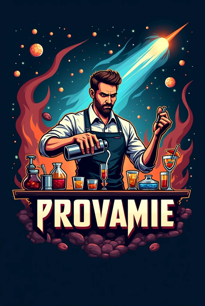 Logo of a man making drinks in the middle of a meteor storm with his name written underneath ( top show drinks)




