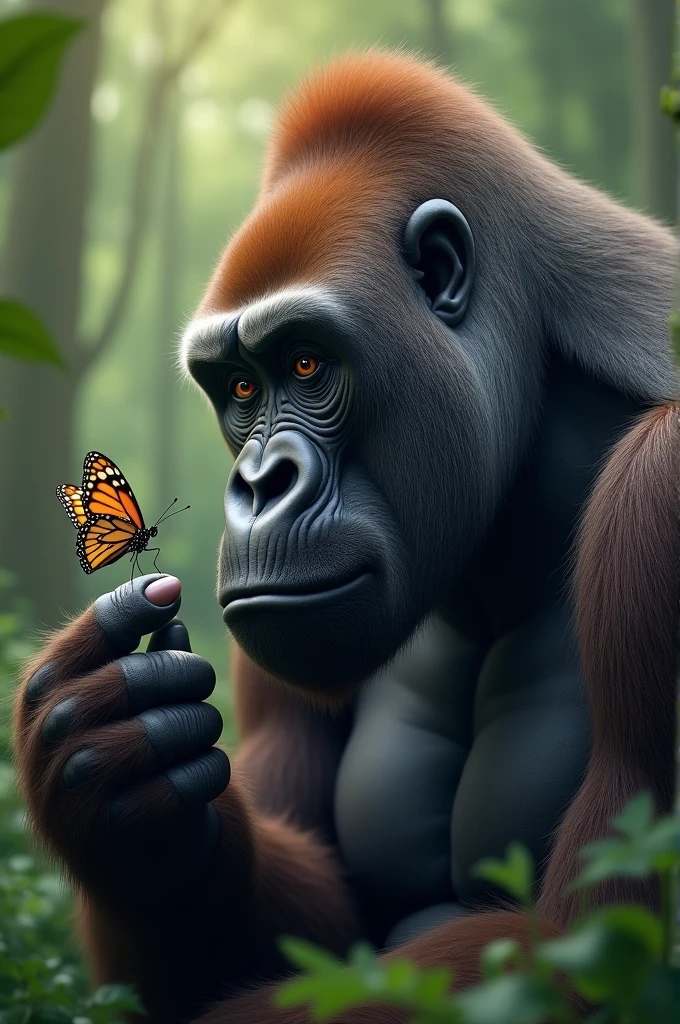 Gorilla admiring butterfly on finger