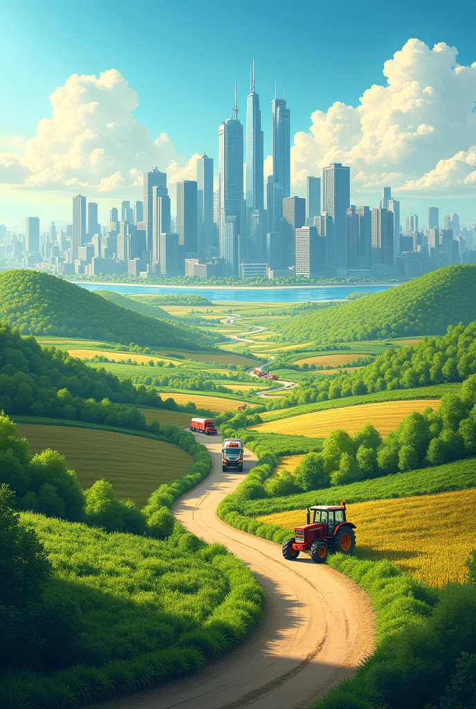 Create an image that represents the path of products from the countryside to the city