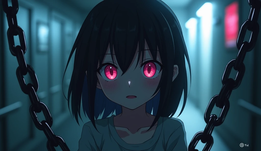 phonk anime girl horror with chains in background with blur, 8k high quality image, trademark "GX Station"