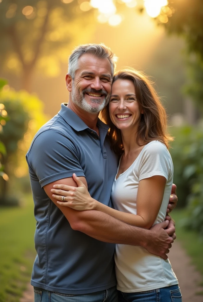 Create a confident, smiling man as realistically as possible, hugging his wife, in a power pose, highlighting the feeling of control and self-confidence regained after premature  treatment 