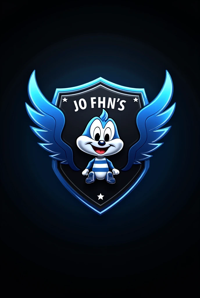 Generate a shield for a micro soccer shirt that is black with blue and has a full-body  looney toon in the middle that is shaped like a shield and above it has the word Jonh&#39;s combo
