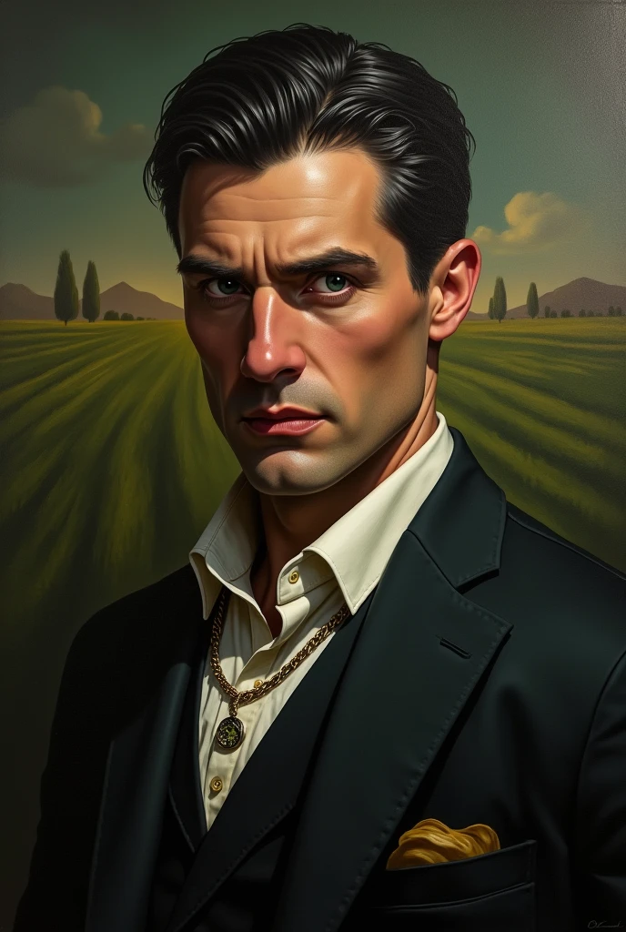 Create for me a very rich farmer named Maximilian. He is an average sized man, offwhite, has green eyes and dark hair. A handsome man but with an evil countenance