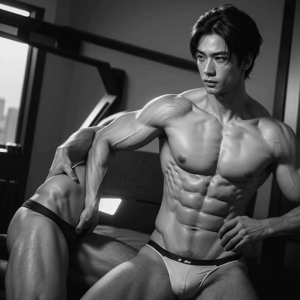 1 man, nude asiatic man, tight underwear, erect, muscular male body, realistic, photorealistic, physically-based rendering, ultra-detailed, 8k, hyper-realistic, dramatic lighting, cinematic, dramatic pose, glowing skin, veiny muscular arms, chiseled abs, tight underwear bulge, strongly defined jawline, intense facial expression, textured skin, detailed facial features, (best quality,4k,8k,highres,masterpiece:1.2),ultra-detailed,(realistic,photorealistic,photo-realistic:1.37)