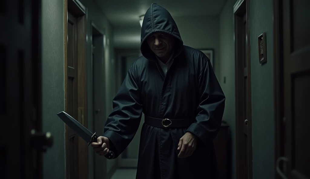 Dark night where a person wearing traditional old-fashioned clothing appears, masked, sneaking into the rich man's house, showing the murder weapon (knife) in his hand.
