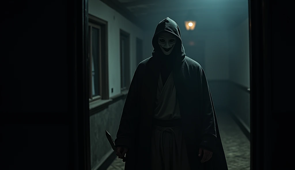Dark night where a person wearing traditional old-fashioned clothing appears, masked, sneaking into the rich man's house, showing the murder weapon (knife) in his hand. 