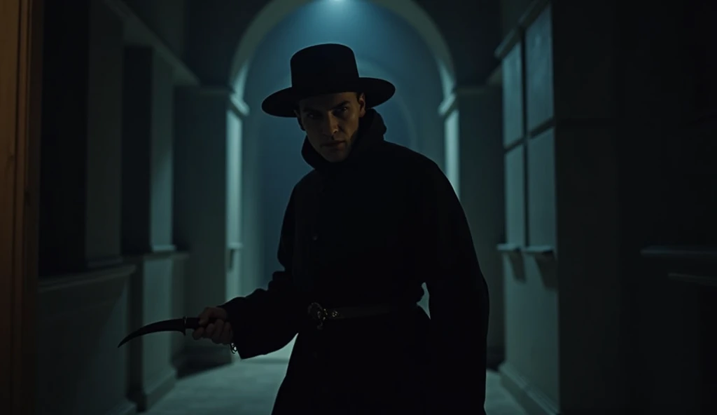 Dark night where a person wearing traditional old-fashioned clothing appears, masked, sneaking into the rich man's house, showing the murder weapon (knife) in his hand. 