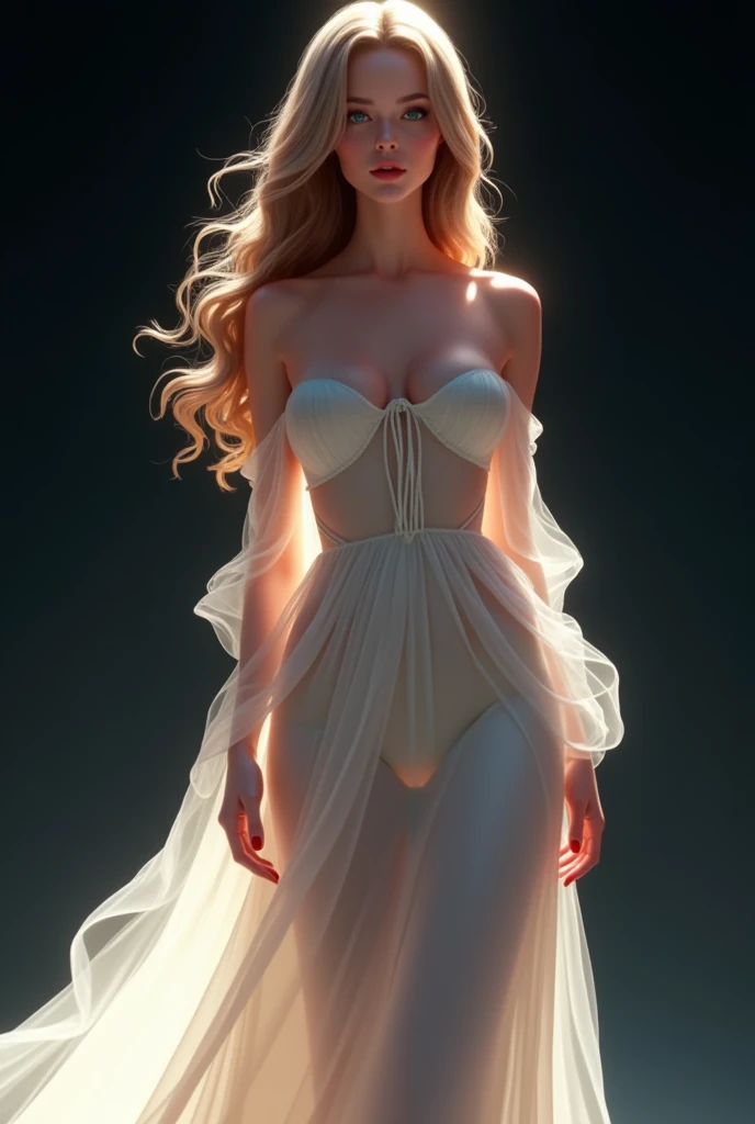 An exquisite anime-inspired high-fashion illustration of a woman standing confidently against a dark, gradient background. She wears a captivating sheer, white gown that gracefully flows, emphasizing her ethereal presence. The translucent fabric reveals her silhouette, adding depth and intrigue to the image. Dramatic lighting highlights her fair skin tone and wavy hair, which cascades down her back. Her serene expression and poised posture exude confidence and elegance. This striking artwork masterfully combines elements of conceptual art, fashion, and anime, creating a poster-worthy 3D render that is both aesthetically pleasing and inspiring.
