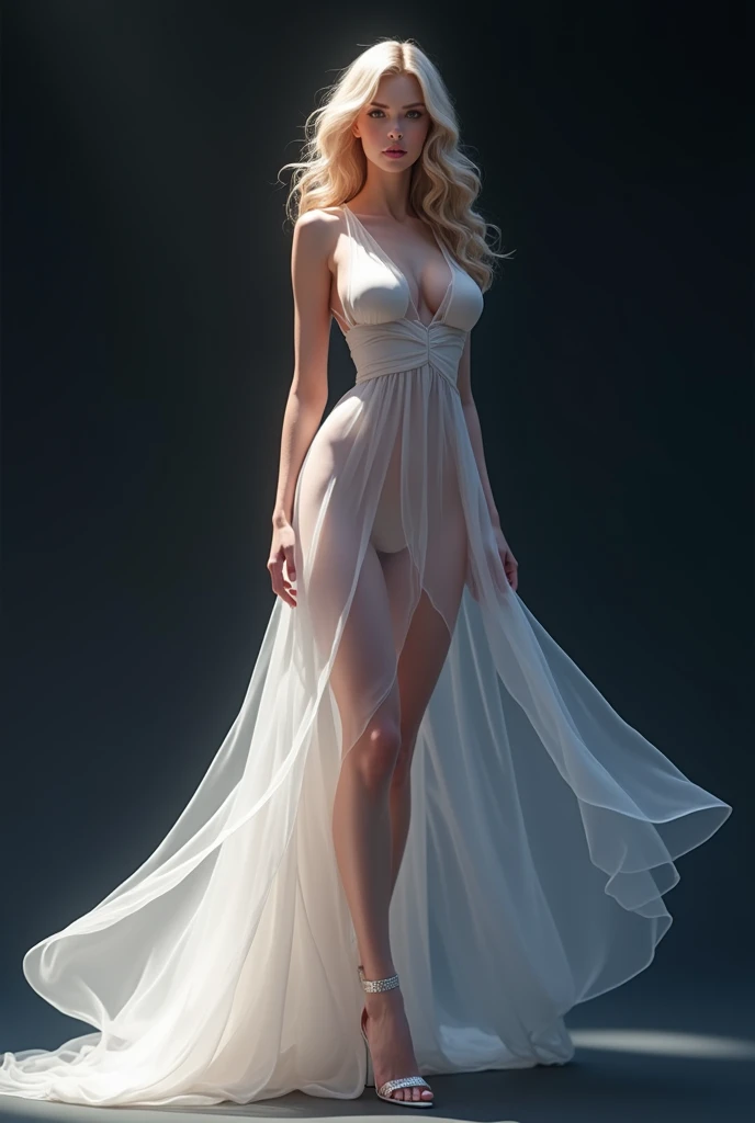 (highest quality, High resolution, masterpiece :1.3), 25 year old white woman、platinum blonde、blue eyeedium long hair、my hair is wavy、
smile、Slender but well-proportioned muscular body、I&#39;m wearing earrings、I'm wearing a necklace、Wear accessories on your wrists and ankles、I&#39;m wearing a ring、I don&#39;t want my head to disappear from the screen.、Wearing red nail polish、I have a peticure、smile、chest pocketしてる、nice buddy、big breasts、chest pocket、gray background、My abs are cracked、wearing high heels、Walking the runway、She&#39;s wearing a see-through dress、She&#39;s wearing a black bra and shorts、See through