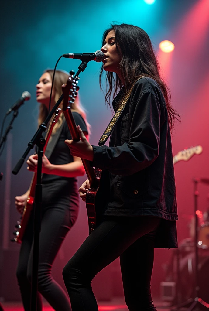 two women in black outfits singing and playing guitar on stage, charli bowater and artgeem, lucy hale and maisie williams, arian mark, photo still, aurora aksnes and zoë kravitz, live concert photography, bella thorne and megan fox, concert photography, concert photo, nirvana, bottom angle, profile image, rumble roses, hq print, women playing guitar