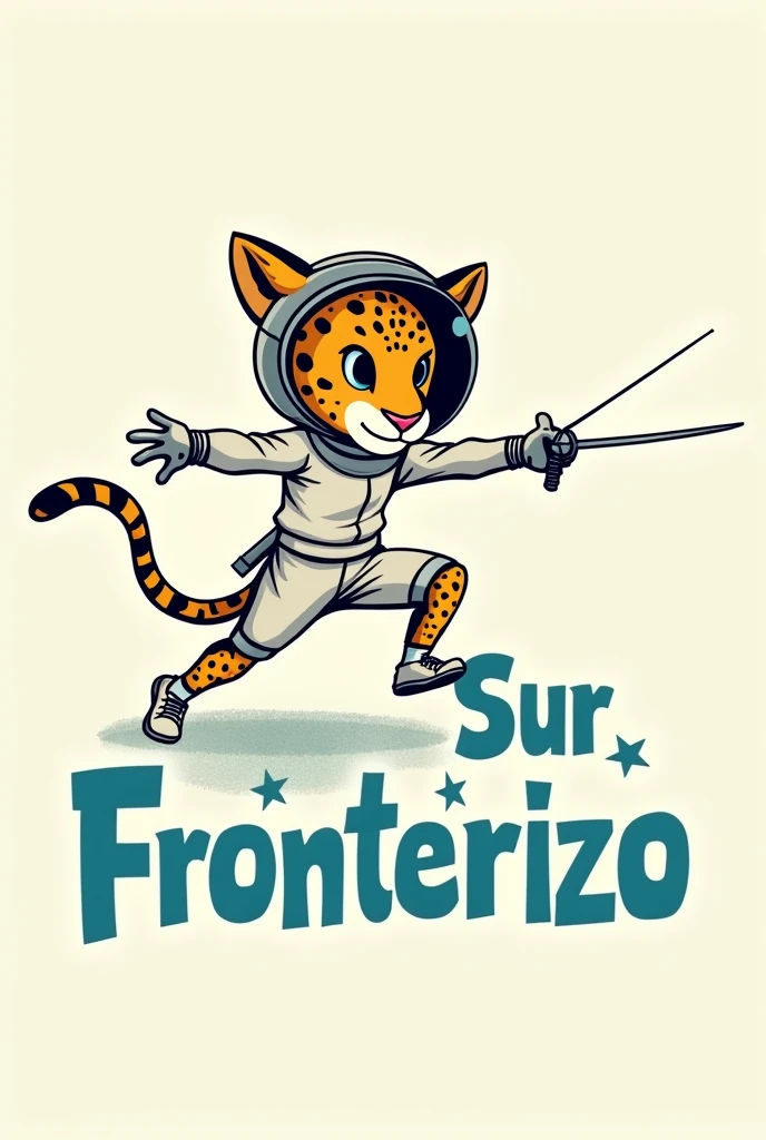 Vector illustration of a jaguar fencer, in cartoon style, and with a text that says "Sur Fronterizo" in Spanish using modern and creative typography, in turquoise blue