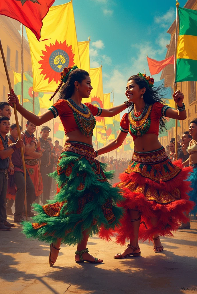 Art for event with title of Caporales vs Tinkus Bolivianos Bolivian flags and Cantaritos