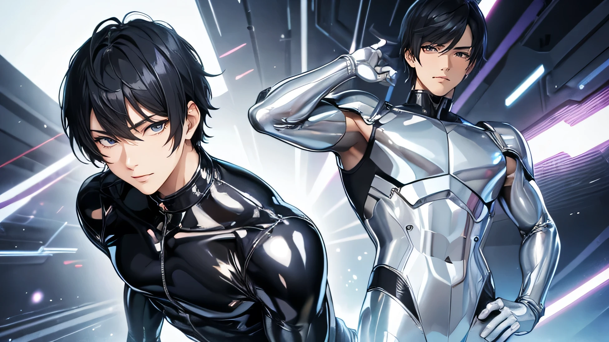 Handsome Japanese male models 22 years old smile Black Hair Short cut Short bangs much shorter hair looking at the camera Shiny whole body silver suit Shiny silver latex suit Mega Bulge looking at the camera Future World Dynamic Pose taunt whole body