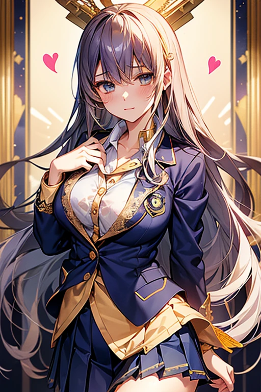 masterpiece、Highest quality、(nsfw:1.3)、One girl、18-year-old、cute、((Navy Blue Blazer:1.8))、(White long sleeve blouse:1.4、Lace collar、Gold Button、School emblem on breast pocket、Navy and white checked pleated skirt:1.5)、Colorful silver hair、Long Hair、Light blue eyes、Upper Body、blush、Open clothes、Panty Lift、Elevate your legs、Leg spread、Bra lift、garter、Large Breasts、Perfect nipples、Wide Hips、
Floating Hearts