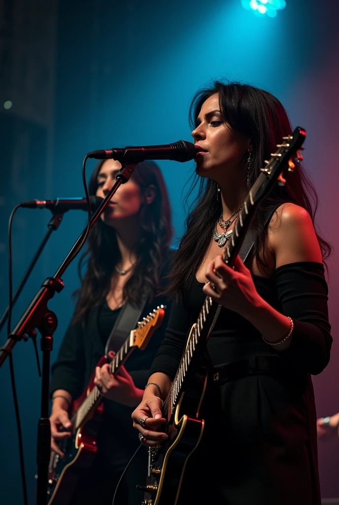 two women in black outfits singing and playing guitar on stage, a portrait by Joe Bowler, shutterstock, antipodeans, charli bowater and artgeem, lucy hale and maisie williams, arian mark, photo still, aurora aksnes and zoë kravitz, live concert photography, bella thorne and megan fox, concert photography, concert photo, nirvana