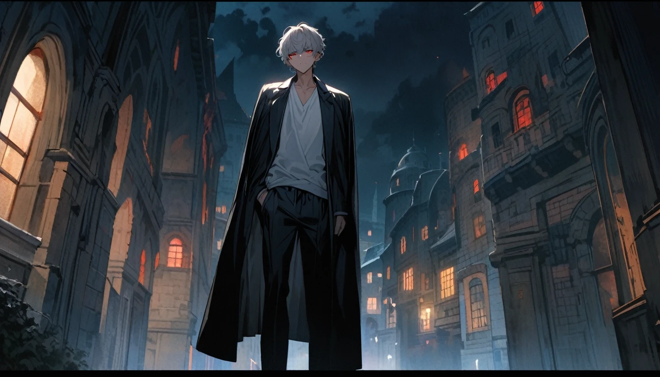 Solitary,Handsome, 1 male,Tall,Gray and white curly short hair,red eye,White top,Black coat draped over shoulders, Dark blue trousers,Black sneakers,European architectural background, The lens shoots from the bottom up,Night view,Looking tired,lack of sleep,