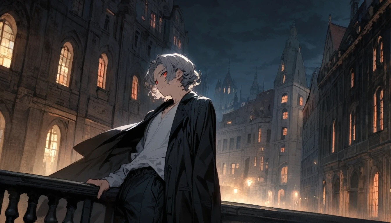 Solitary,Handsome, 1 male,Tall,Gray and white curly short hair,red eye,White top,Black coat draped over shoulders, Dark blue trousers,Black sneakers,European architectural background, The lens shoots from the bottom up,Night view,Looking tired,lack of sleep,