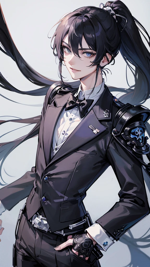 1 boy, anime, futuristic setting, elegant, fancy, tuxedo, high quality, intricate details, black bear ears, waist belt, chain accessories, pale blue eyes, panda aesthetic, butler outfit, smirk, ponytail, hairclips, pistol holster, androgynous, closeup