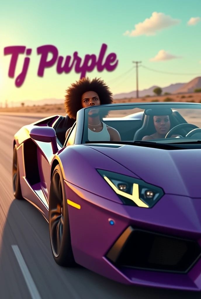 Afro male driving an open roof Lamborghini on the highway with the word Tj Purple written on the Background