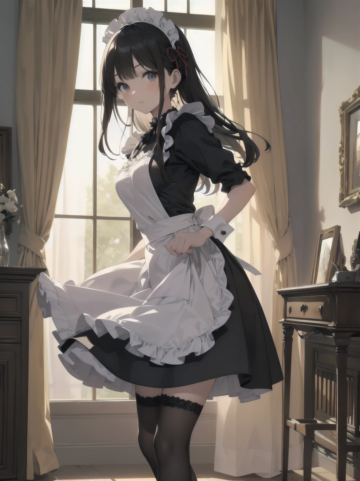 (One : maid outfit: cute: perfect face: mocking pose), best composition, best color balance, imagine a classical maid with a tea set in a gorgeous Victorian living room. The maid is dressed in a traditional black and white maid's outfit with a ruffled apron and simple headband. She is spinning and dancing with a serene, graceful expression on her face. The living room is decorated with luxurious furnishings. In the background is a large window, through which sunlight streams in, casting a warm glow over the room. Luxurious wallpaper, heavy curtains, a large chandelier, and antique furniture such as polished wooden tables and upholstered chairs. The overall atmosphere is elegant and sophisticated,clutter,zentangle,renderings,antique,rich colors,intricate details,highly detailed,meticulously detailed,beautiful light and shadow,reality,top quality,dreamy,,anatomically correct,perfectly proportioned,ruffles,lace The perfect proportions, ruffles, lace