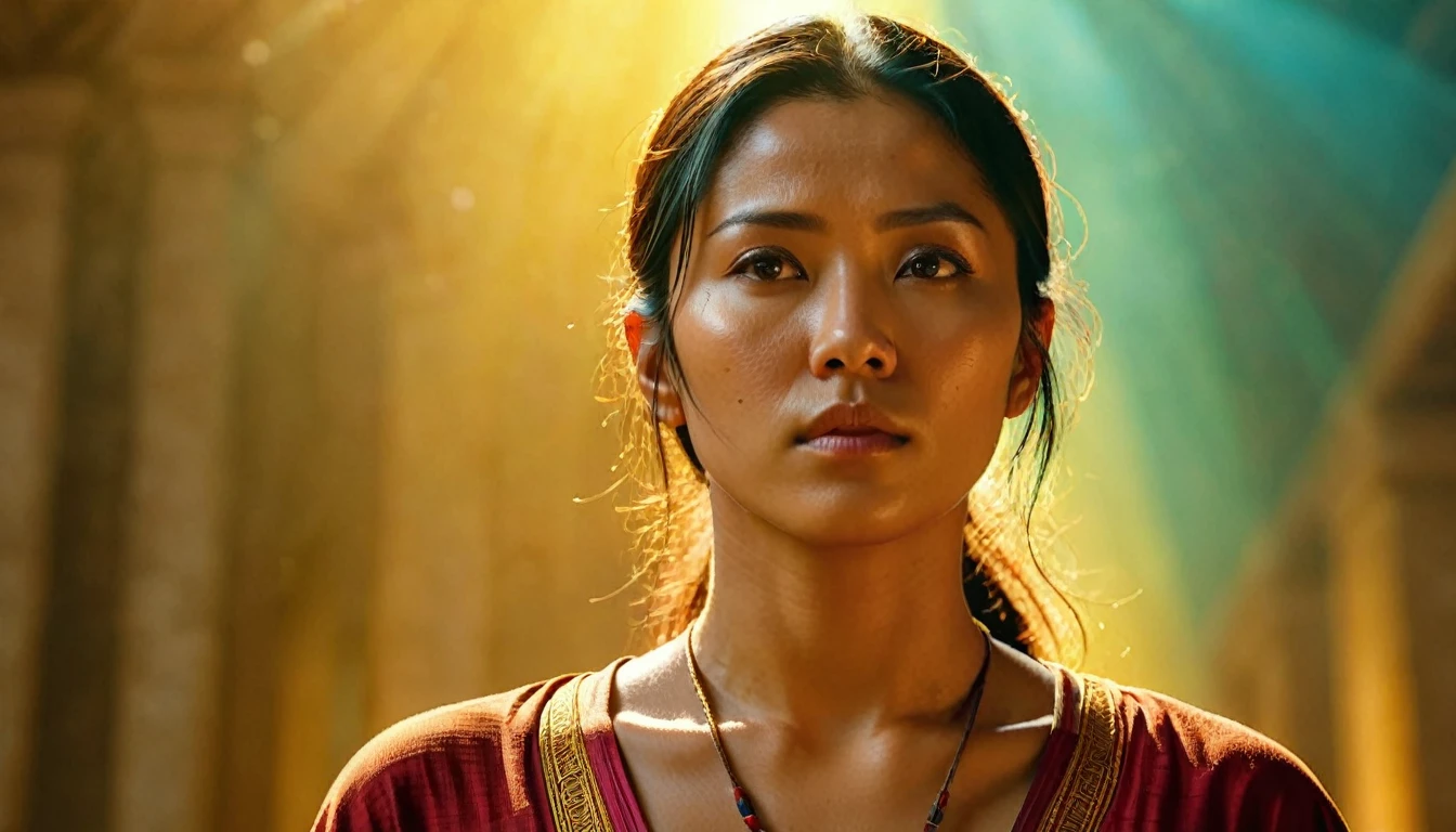 Photorealistic, cinematic full body Yenu raises her head with a determined gaze, her eyes reflecting the strength of her resolve. The camera captures her from a low angle, emphasizing her authority and the power of her words. The room around her is bathed in a warm, golden light, symbolizing the hope and wisdom she brings. Her stance is both graceful and strong, a visual representation of her commitment to defending her land with principles of compassion and justice, rather than engaging in senseless violence.. Ultra detailed, high quality, 8K, HD, highly detailed, stunning visuals, cinematic, hyperrealistic, hyperrealism, high-definition, masterpiece, composition, full HD, dynamic, dramatic, beautiful, light, striking, elegant, perfect balance, calm, healing, creative, vibrant, orderly, tidy, confident, spiritual, complex, marvelous, rich artistic color background, vivid colors, ambient, pristine, flawless, pure, attractive, pretty, determined, passionate, innocent, enchanted, magic, mystical, magical, illuminated