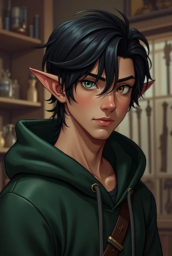 A half elf, male, 21 years, with black hair, with one green eye and one brown eye, as a clerk in a medieval weapons shop, athletic and strong body, in a hoodie