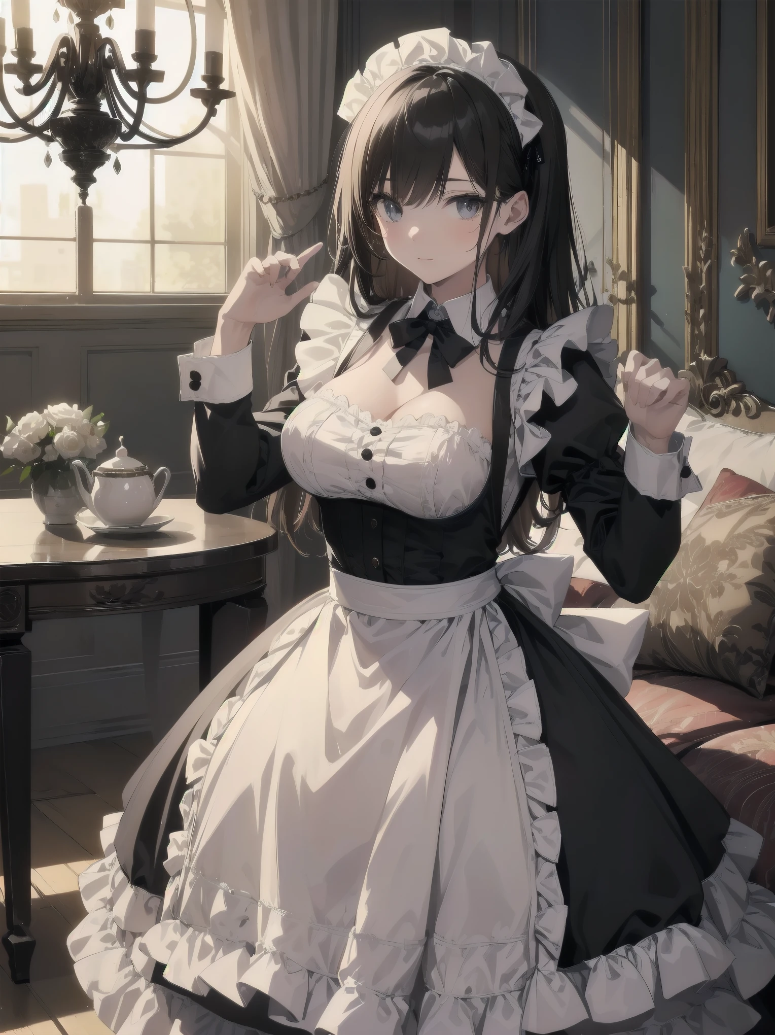 (One little girl: maid outfit: cute: perfect face: mocking pose), best composition, best color balance, imagine a classical maid with a tea set in a gorgeous Victorian living room. The maid is dressed in a traditional black and white maid's outfit with a ruffled apron and simple headband. She is spinning and dancing with a serene, graceful expression on her face. The living room is decorated with luxurious furnishings. In the background is a large window, through which sunlight streams in, casting a warm glow over the room. Luxurious wallpaper, heavy curtains, a large chandelier, and antique furniture such as polished wooden tables and upholstered chairs. The overall atmosphere is elegant and sophisticated,clutter,zentangle,renderings,antique,rich colors,intricate details,highly detailed,meticulously detailed,beautiful light and shadow,reality,top quality,dreamy,,anatomically correct,perfectly proportioned,ruffles,lace The perfect proportions, ruffles, lace
