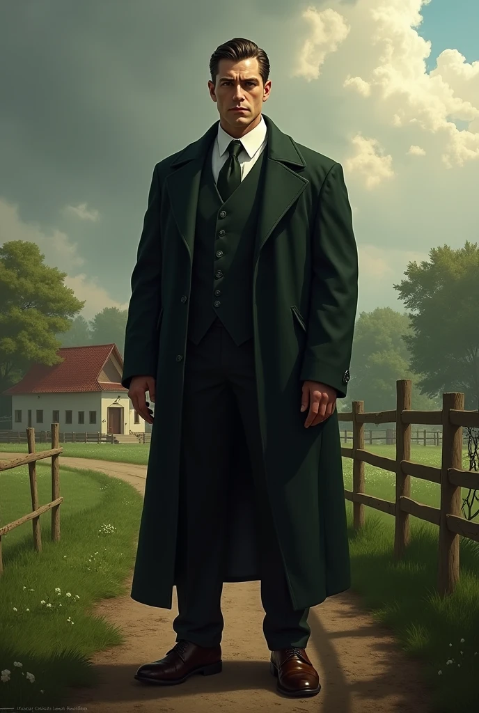 Create for me a very rich farmer named Maximilian. He is an average sized man, offwhite, has green eyes and dark hair. A handsome man but with an evil countenance