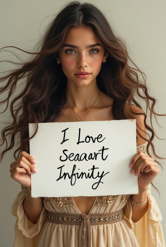 Beautiful girl with wavy long hair, bohemian dress, holding a white board with text "I Love Seaart Infinity" and showing it to the viewer