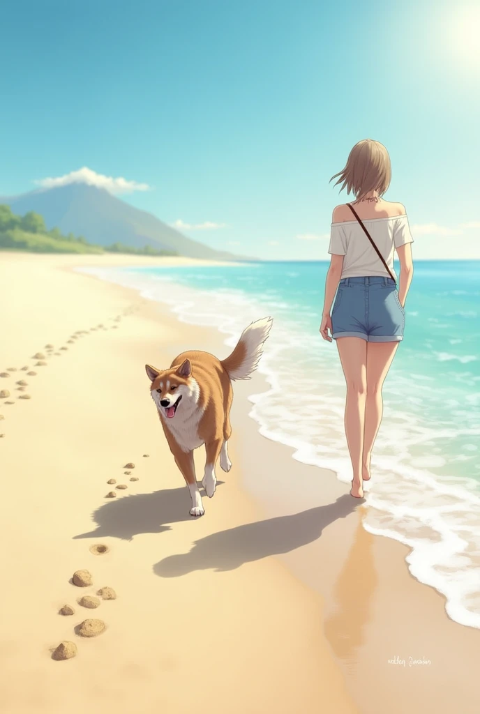 Dog walking on the beach with hands in pockets standing