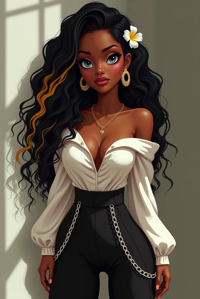 ((Artwork, 8K, Realistic Lighting)), 1 sexy Latina woman, black skin, long curly black hair with blonde highlights, flower in hair, sensual, closed look, blue iris, big nose, medium lips, wearing gold earrings, white off-the-shoulder long-sleeved shirt, wearing black wide-leg pants with chains, wearing black shoes.