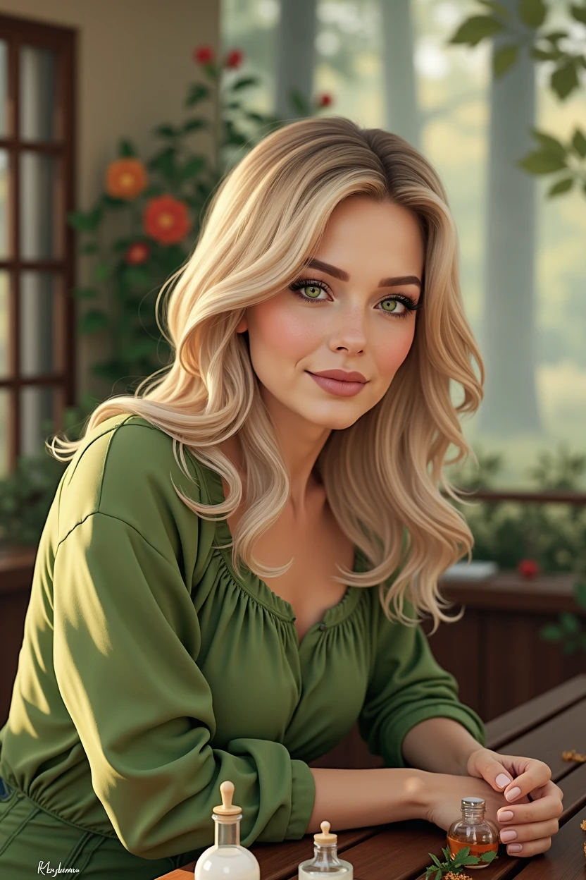 Beautiful woman 50 year old woman green eyes beautiful blonde big breasts thin waist wide hips in blouse and jeans making perfumes in. On a table in the background a cabin in the dense and flowery forest