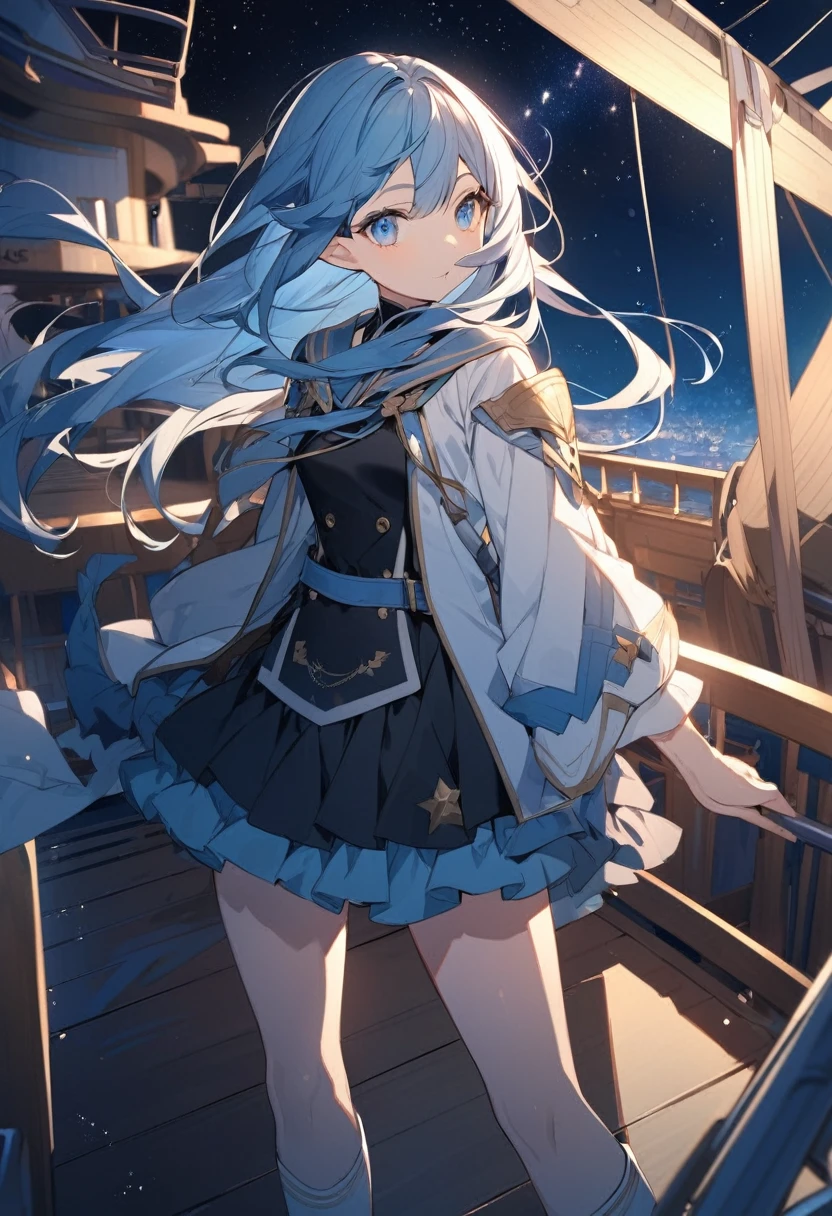anime elf girl. Blue hair, blue eyes. She is standing on the deck of a ship with stars in the background.