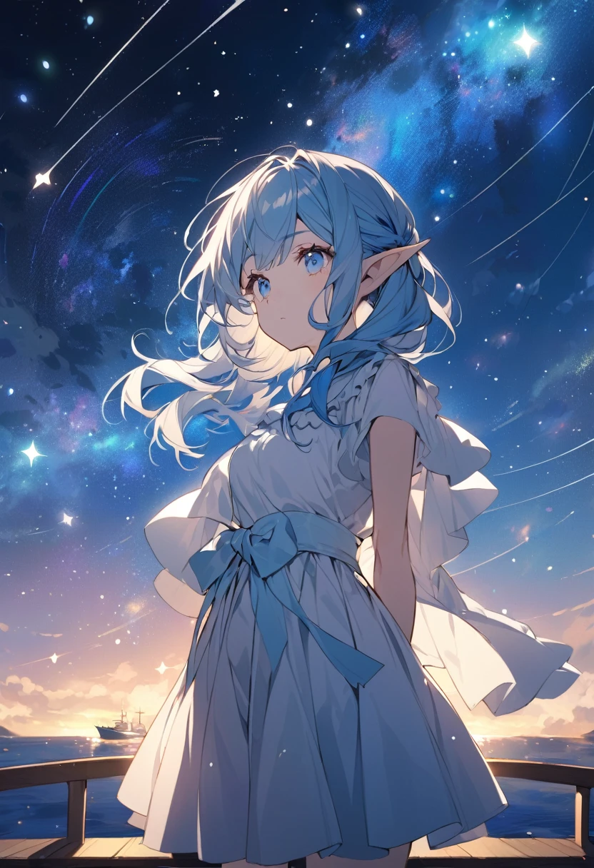 anime elf girl. Blue hair, blue eyes. She is standing on the deck of a ship with stars in the background.