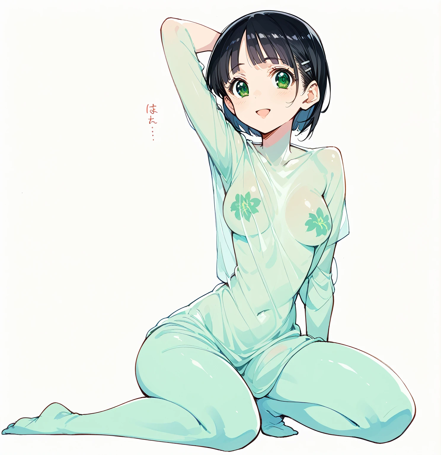 Gloss,White background,Glossのあるクリアブルーのシースルーボディスーツの女性,Glossのあるクリアブルーのシースルーラテックススーツ,Transparent chest,Beige skin,Green Eyes,Black Hair,Painting of a woman sitting on the ground, various Pause, character is in her natural Pause, Beautiful face with arms and legs, Anime girl crouching, tits proportions, tits, Thick black line drawing, Thick line drawing, hands behind her body Pause!, Pause(Raise the hand + Happy), pudica Pause gesture, Thick outline