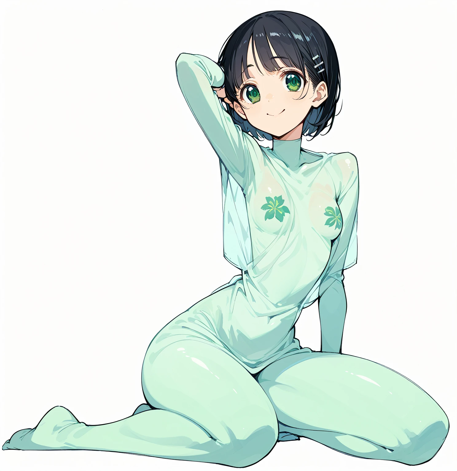 Gloss,White background,Glossのあるクリアブルーのシースルーボディスーツの女性,Glossのあるクリアブルーのシースルーラテックススーツ,Transparent chest,Beige skin,Green Eyes,Black Hair,Painting of a woman sitting on the ground, various Pause, character is in her natural Pause, Beautiful face with arms and legs, Anime girl crouching, tits proportions, tits, Thick black line drawing, Thick line drawing, hands behind her body Pause!, Pause(Raise the hand + Happy), pudica Pause gesture, Thick outline