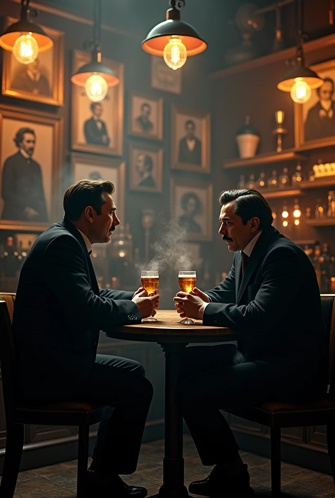 Elon Musk and Nikola Tesla drinking together at a bar
