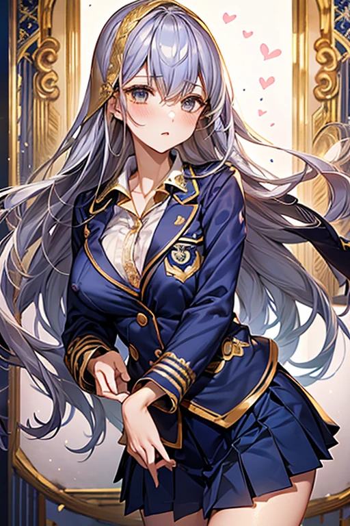masterpiece、Highest quality、(nsfw:1.6)、One girl、18-year-old、cute、((Navy Blue Blazer:1.8))、(White long sleeve blouse:1.4、Lace collar、Gold Button、School emblem on breast pocket、Navy and white checked pleated skirt:1.5)、Colorful silver hair、Long Hair、Light blue eyes、Upper Body、blush、Open clothes、Panty Lift、Elevate your legs、Leg spread、Bra lift、garter、Large Breasts、Perfect nipples、Wide Hips、
Floating Hearts