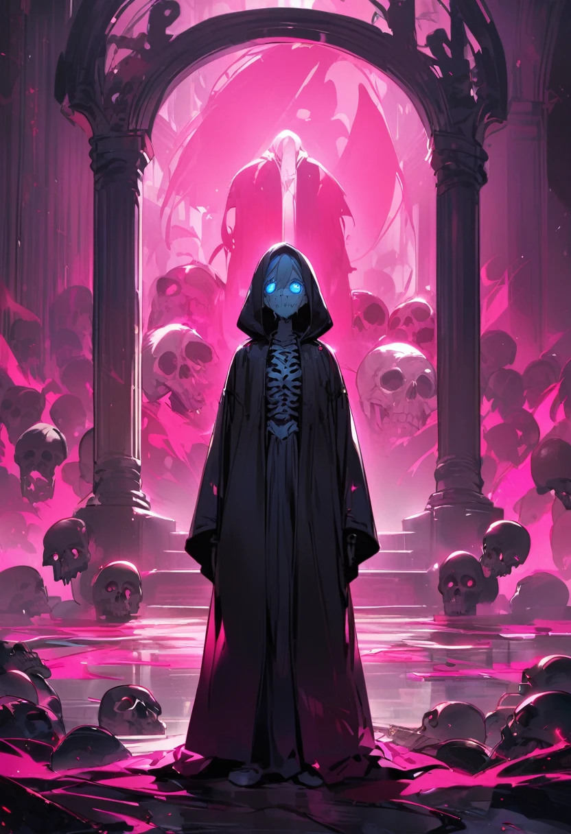 skull、grim Reaper、Girl with pink hair、blue eyes、Twin Drill、A scene from a movie、whole body