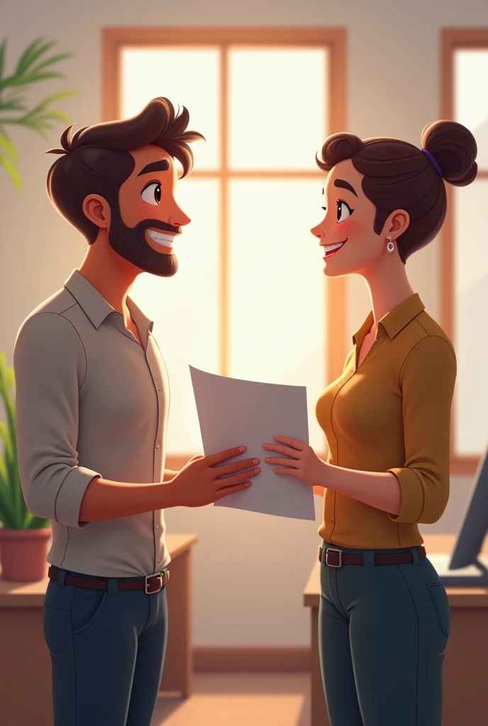 Image: Sam is handing a completed report to Jordan with a big smile. Jordan is smiling back, looking satisfied. Text: Sam says, "Thanks for your help! The report is ready now." Jordan replies, "You did a great job. Glad I could help!"