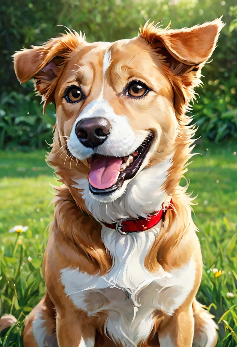 dog, calm expression, laugh, close one's eyes, Surrounded by gold coins, full of money, perfect face, perfect body, Stack the gold coins, fine particles of light