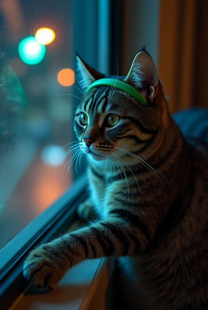 "An ultra-realistic anthropomorphic cat, shorts, a green headband, looking at the window, shocking tirste feeling, night and low lights, lights, neon, 8k resolution.