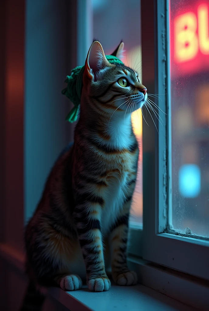 "An ultra-realistic anthropomorphic cat, shorts, a green headband, looking at the window, shocking tirste feeling, night and low lights, lights, neon, 8k resolution.