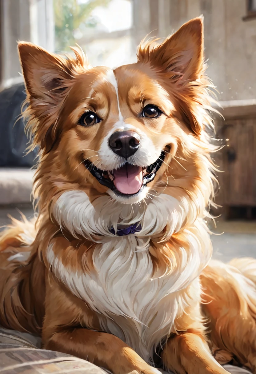 dog, calm expression, laugh, close one's eyes, Surrounded by gold coins, full of money, perfect face, perfect body, Stack the gold coins, fine particles of light