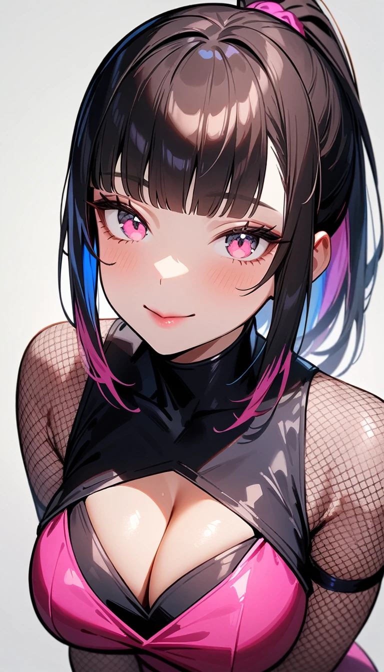 1girl,solo,super detailed skin,shiny skin,expressionless face,smile ,rainbow colored hair,straight hair,ponytail,hime cut,eyelashes,lips gloss ,large soft breasts,fullbodysuit,fishnet arms,cleavage cutout,ninja clothes ,cleavage cutout,rainbow magic,simple background,masterpiece,best quality,ultra detailed,high resolution,sharp focus