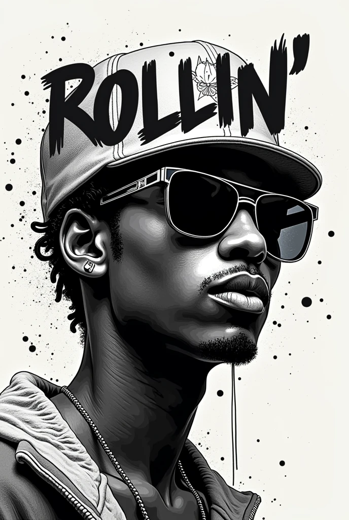 Create a print with just the name "ROLLIN' ' in white and black background with a hip hop font