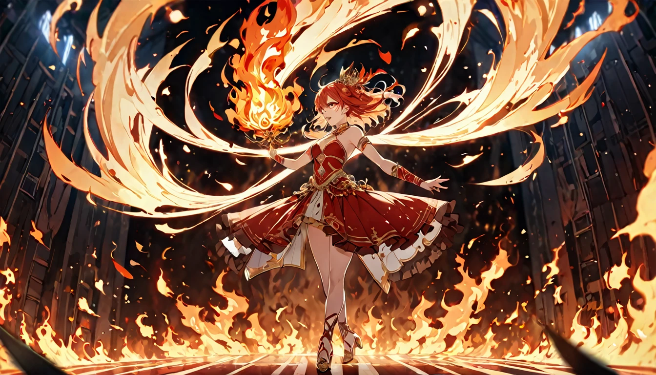 **211. One person。Fire Dancer fight scene。Burning Stage。Cowboy shot or close-up。
masterpiece, best quality, ultra detailed (Detailed fingers), (Emotional), (Breathtakingly beautiful),
(main part: 1.2 Whole body。), (Anime Style), (Very detailed), (Control the power of fire),
(超High resolution, High resolution), (8k), (High resolution: 1.2), (Complex and beautiful: 1.2)**
- background: A stage engulfed in flames、A space where a blazing flame illuminates the surroundings。
- Fire Dancer: Dressed in red and gold、Control the power of fire踊り子の少女。
-pose: Drawing a ring of fire、A moment of graceful dancing。
-expression: Passionate and piercing eyes、Confident figure dancing in the flames。
- Effects: The flames danced with her movements.、Burning effect。
-color: Red and gold blazing flames、A contrast that symbolizes passion and strength。