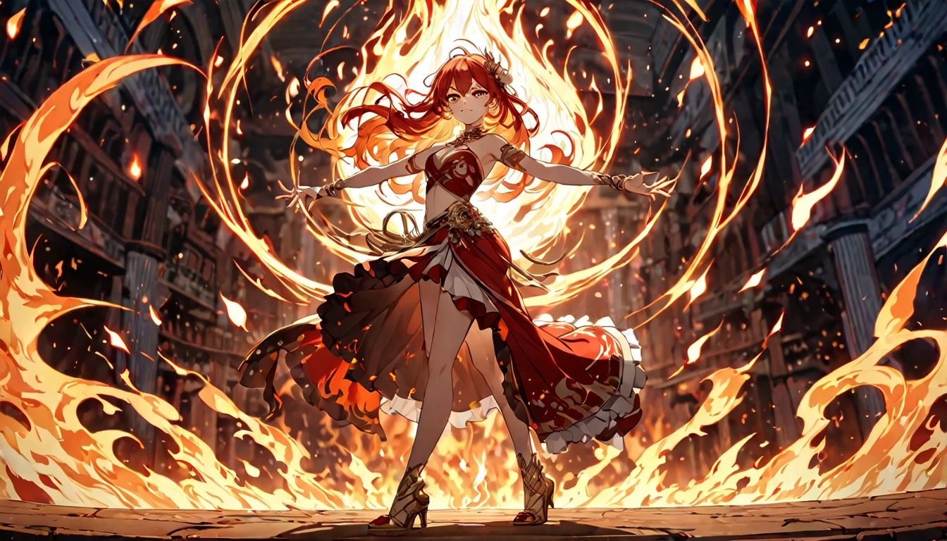 **211. One person。Fire Dancer fight scene。Burning Stage。Cowboy shot or close-up。
masterpiece, best quality, ultra detailed (Detailed fingers), (Emotional), (Breathtakingly beautiful),
(main part: 1.2 Whole body。), (Anime Style), (Very detailed), (Control the power of fire),
(超High resolution, High resolution), (8k), (High resolution: 1.2), (Complex and beautiful: 1.2)**
- background: A stage engulfed in flames、A space where a blazing flame illuminates the surroundings。
- Fire Dancer: Dressed in red and gold、Control the power of fire踊り子の少女。
-pose: Drawing a ring of fire、A moment of graceful dancing。
-expression: Passionate and piercing eyes、Confident figure dancing in the flames。
- Effects: The flames danced with her movements.、Burning effect。
-color: Red and gold blazing flames、A contrast that symbolizes passion and strength。